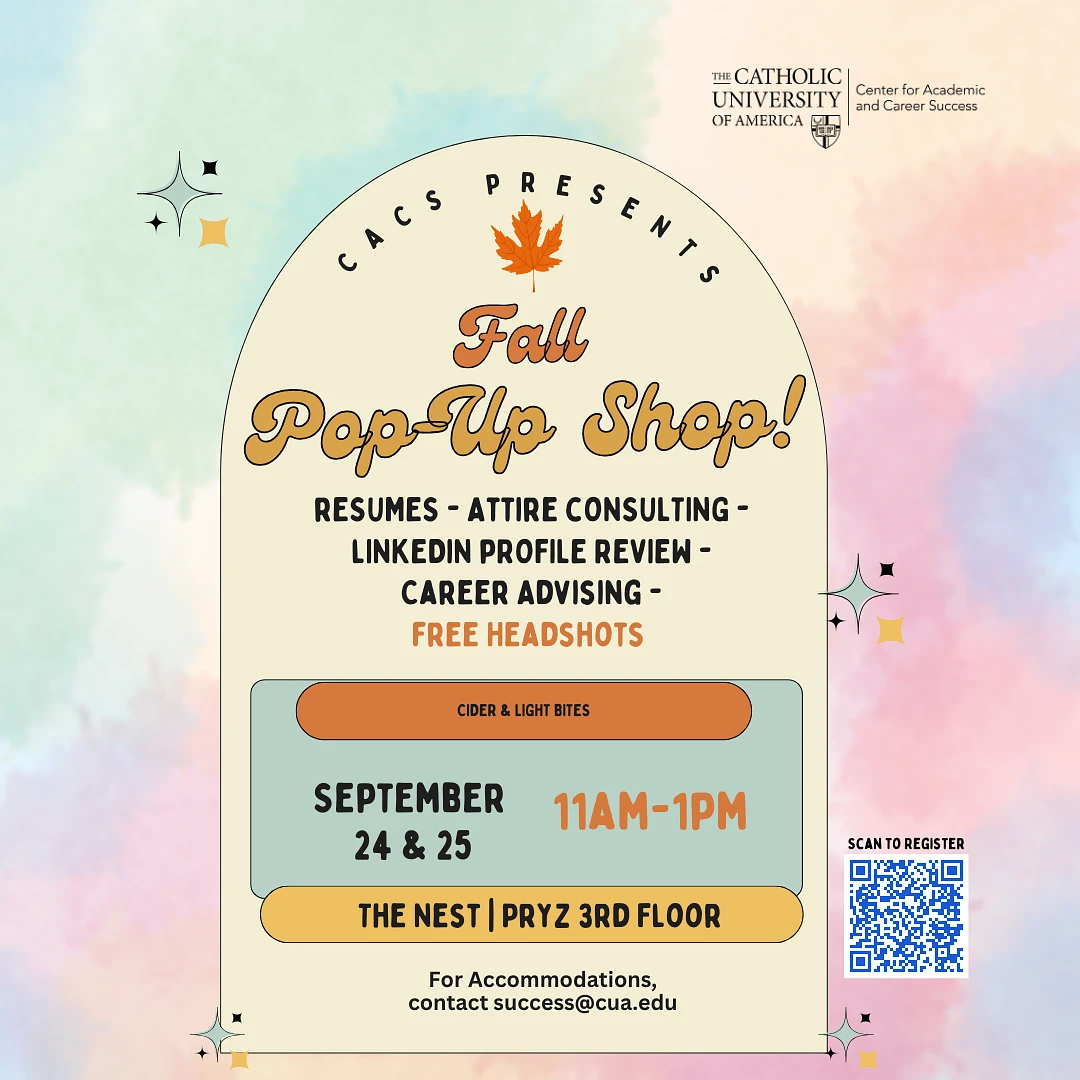 The image is a flyer for a Fall Pop-Up Shop by CACS offering resumes, attire consulting, LinkedIn profile review, career advising, and free headshots, on September 24 and 25 from 11 AM to 1 PM at The Nest, Pryz third floor, with a QR code for registration.